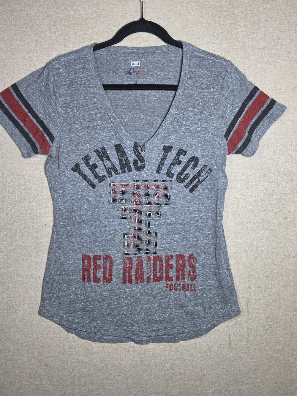 Texas Tech Red Raiders Women's Gray V-Neck Tee With Bling